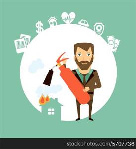 insurance agent extinguishes a fire extinguisher home illustration