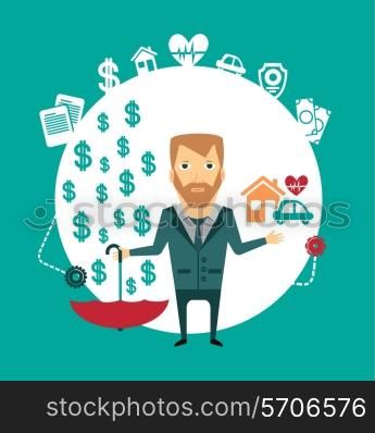 insurance agent holding a house, a car, a heart and an umbrella in the other hand, where the money sypyatsya illustration