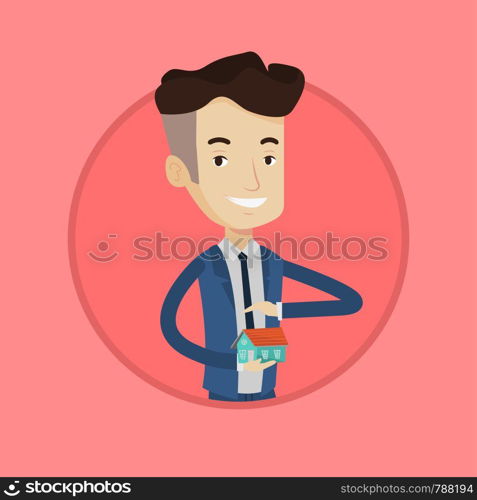 Insurance agent holding house model. Insurance agent protecting model of the house. Property insurance concept. Man insuring house. Vector flat design illustration in the circle isolated on background. Insurance agent insuring house.