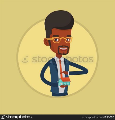 Insurance agent holding house model. Insurance agent protecting model of the house. Property insurance concept. Man insuring house. Vector flat design illustration in the circle isolated on background. Insurance agent insuring house.