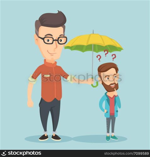 Insurance agent holding umbrella over young hipster man. Caucasian man standing under umbrella and question marks. Concept of insurance in business. Vector flat design illustration. Square layout.. Businessman holding umbrella over man.