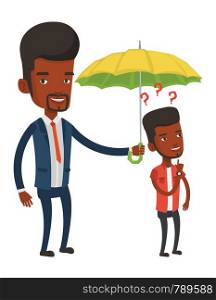 Insurance agent holding umbrella over young man. An african man standing under umbrella and question marks. Concept of business insurance. Vector flat design illustration isolated on white background.. Businessman holding umbrella over young man.