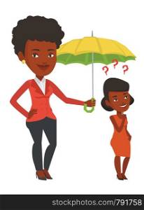 Insurance agent holding umbrella over young woman. African woman standing under umbrella and question marks. Concept of business insurance. Vector flat design illustration isolated on white background. Businesswoman holding umbrella over young man.