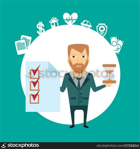 insurance agent holds in one hand a document, and in the other hand hourglass illustration