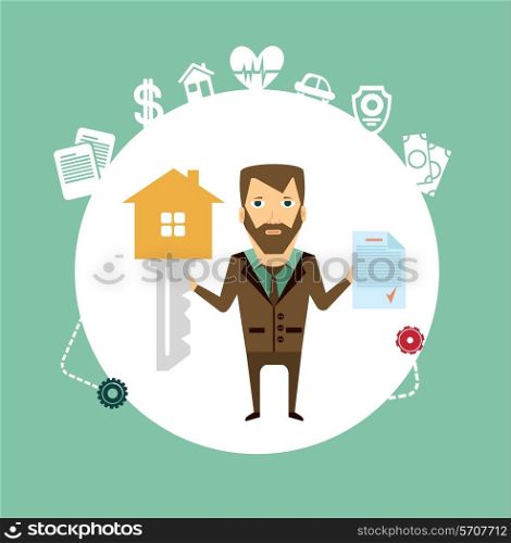insurance agent holds in one hand a huge key, and in another document illustration
