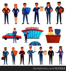 Insurance agent icons set. Cartoon set of insurance agent vector icons for web design. Insurance agent icons set, cartoon style