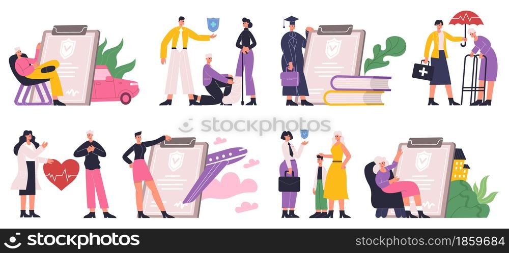 Insurance agent offers people protecting, life and property. Property protection, healthcare and medical service vector Illustration set. Risk insurance protection. Agent insurance offer protection. Insurance agent offers people protecting health, life and property. Property protection, healthcare and medical service vector Illustration set. Risk insurance protection