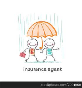 insurance agent protects a person from the rain umbrella
