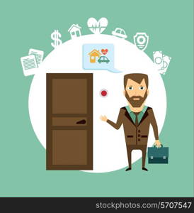 insurance agent rings the doorbell illustration. Flat modern style vector design