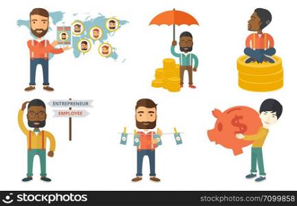 Insurance agent with umbrella. Insurance agent holding umbrella over golden coins. Business insurance and protection concept. Set of vector flat design illustrations isolated on white background.. Vector set of illustrations with business people.