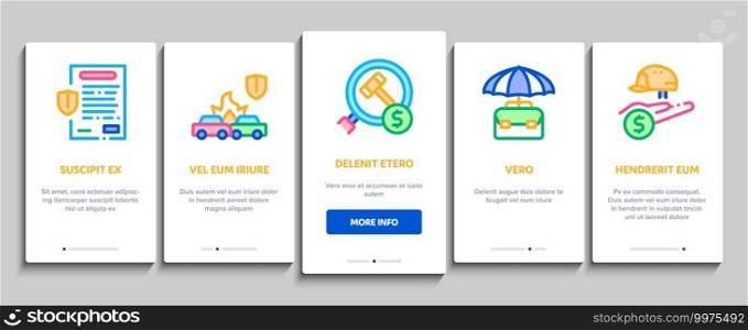 Insurance All-purpose Onboarding Mobile App Page Screen Vector. Insurance Agreement For Protection House And Car, Health And Life, Phone And Lost Work Illustrations. Insurance All-purpose Onboarding Elements Icons Set Vector