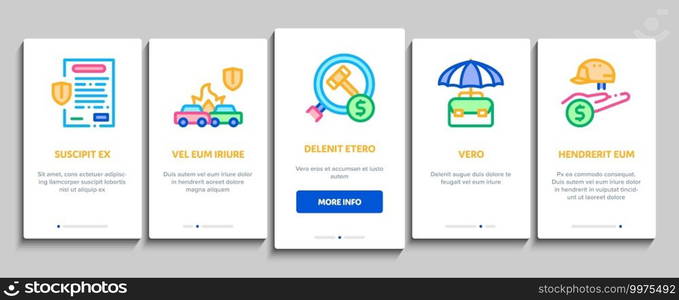 Insurance All-purpose Onboarding Mobile App Page Screen Vector. Insurance Agreement For Protection House And Car, Health And Life, Phone And Lost Work Illustrations. Insurance All-purpose Onboarding Elements Icons Set Vector