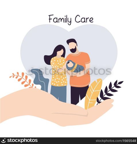 Insurance and healthcare concept background. Big hand hold tiny young love couple with newborn baby. Medical or financial assurance,family care banner template. Trendy Vector illustration