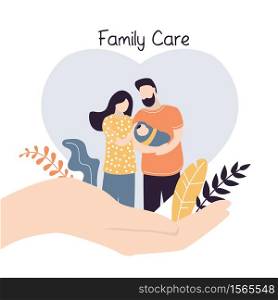 Insurance and healthcare concept background. Big hand hold tiny young love couple with newborn baby. Medical or financial assurance,family care banner template. Trendy Vector illustration
