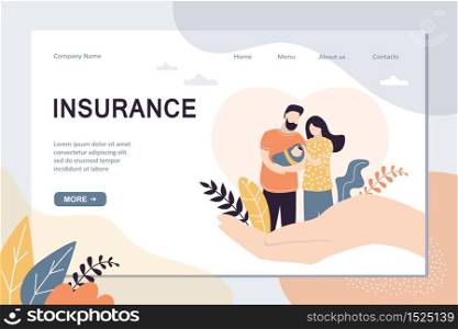 Insurance and healthcare landing page template. Big hands covering tiny people with newborn baby. Medical or financial assurance banner. Love couple with cute child. Trendy vector illustration