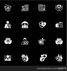 Insurance and Medical Services Icons Set.. Insurance and Medical Services Icons Set. Flat Design. Isolated Illustration. Life and Health Insuranse Symbol. Personal and Group Life Insurance Symbol. Life and Heart Care Symbol.