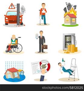 Insurance and risk insured event flat icons set on white background isolated vector illustration . Insurance and risk icons