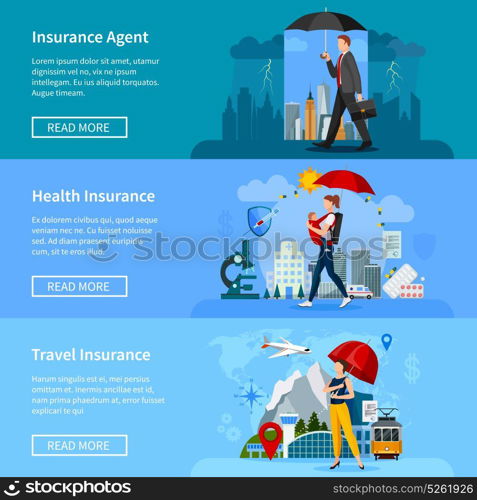 Insurance Banners Set. Set of banners with people under umbrellas insurance services for property health and travel isolated vector illustration