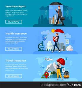 Insurance Banners Set. Set of banners with people under umbrellas insurance services for property health and travel isolated vector illustration