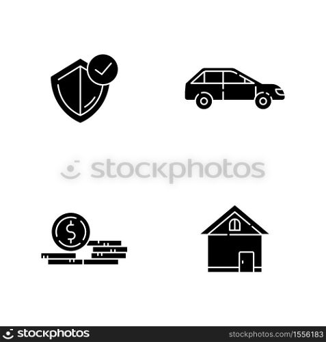 Insurance black glyph icons set on white space. Money claim. General coverage policy. Risk management service for property. Legal control. Silhouette symbols. Vector isolated illustration. Insurance black glyph icons set on white space