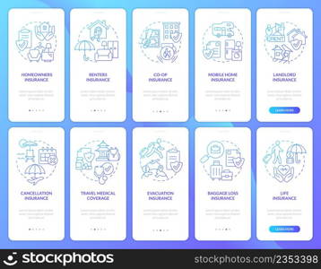 Insurance blue gradient onboarding mobile app screen set. Coverage walkthrough 5 steps graphic instructions pages with linear concepts. UI, UX, GUI template. Myriad Pro-Bold, Regular fonts used. Insurance blue gradient onboarding mobile app screen set