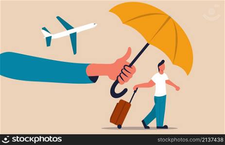Insurance business travel and aircraft policy care. Umbrella shield protect people vector illustration concept. Money and life risk for passenger transportation. Vacation security and human insure