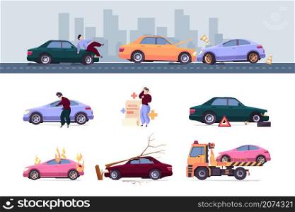 Insurance car. Crash auto accident drivers save life vehicle problems robbery damaged fire garish vector insurance concept flat pictures. Illustration auto accident, insurance automobile. Insurance car. Crash auto accident drivers save life vehicle problems robbery damaged fire garish vector insurance concept flat pictures