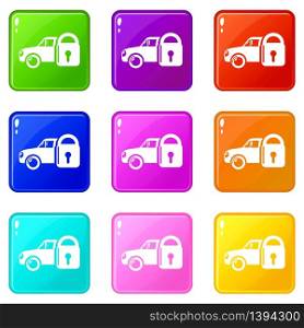 Insurance car icons set 9 color collection isolated on white for any design. Insurance car icons set 9 color collection