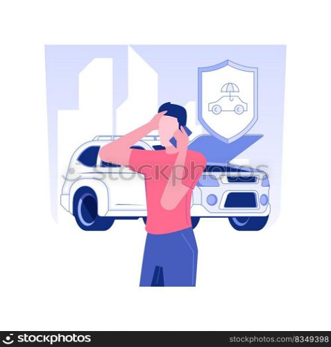 Insurance case isolated concept vector illustration. Owner of the broken car calls the insurance company, protection idea, business industry, consulting with broker vector concept.. Insurance case isolated concept vector illustration.