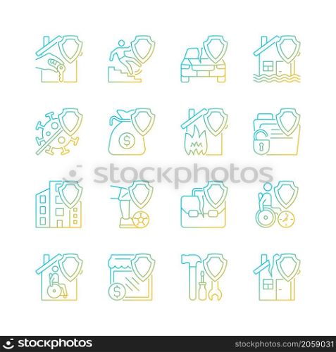 Insurance case types gradient linear vector icons set. Accidents financial protection guaranty. Safety policy. Thin line contour symbols bundle. Isolated outline illustrations collection. Insurance case types gradient linear vector icons set