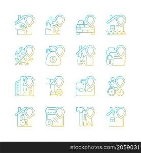 Insurance case types gradient linear vector icons set. Accidents financial protection guaranty. Safety policy. Thin line contour symbols bundle. Isolated outline illustrations collection. Insurance case types gradient linear vector icons set