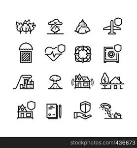 Insurance cases and natural disasters line icons. Property, life and health safety outline symbols. Insurance and protection health and house. Vector illustration. Insurance cases and natural disasters line icons. Property, life and health safety outline symbols
