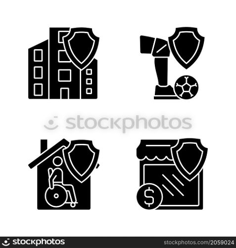 Insurance cases definitions black glyph icons set on white space. Financial compensation at accidents. Customers safety in difficult situations. Silhouette symbols. Vector isolated illustration. Insurance cases definitions black glyph icons set on white space