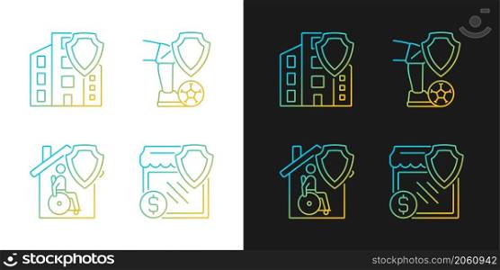 Insurance cases gradient icons set for dark and light mode. Financial compensation at accidents. Thin line contour symbols bundle. Isolated vector outline illustrations collection on black and white. Insurance cases gradient icons set for dark and light mode