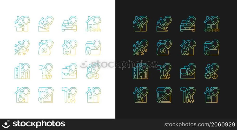 Insurance cases gradient icons set for dark and light mode. Financial protection guaranty. Thin line contour symbols bundle. Isolated vector outline illustrations collection on black and white. Insurance cases gradient icons set for dark and light mode