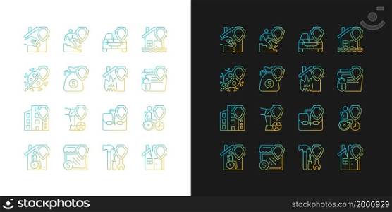 Insurance cases gradient icons set for dark and light mode. Financial protection guaranty. Thin line contour symbols bundle. Isolated vector outline illustrations collection on black and white. Insurance cases gradient icons set for dark and light mode