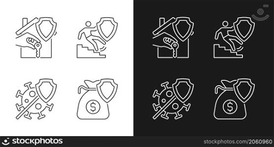 Insurance cases types linear icons set for dark and light mode. Financial support at accidents. Insurance policy coverage. Customizable thin line symbols. Isolated vector outline illustrations. Insurance cases types linear icons set for dark and light mode