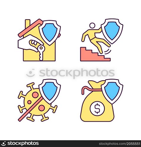 Insurance cases types RGB color icons set. Financial support at accidents. Insurance policy coverage. Guaranteed safety. Isolated vector illustrations. Simple filled line drawings collection. Insurance cases types RGB color icons set