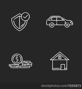 Insurance chalk white icons set on black background. Money claim. General coverage policy. Risk management service for property. Real estate protection. Isolated vector chalkboard illustrations. Insurance chalk white icons set on black background