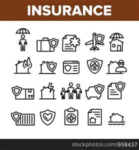 Insurance Collection Elements Vector Icons Set Thin Line. House Insurance From Fire And Lightning, Flood And Burglary Concept Linear Pictograms. Life-assurance Monochrome Contour Illustrations. Insurance Collection Elements Vector Icons Set