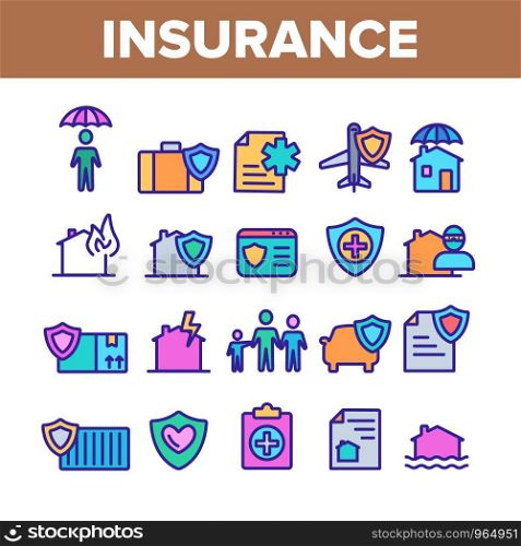 Insurance Collection Elements Vector Icons Set Thin Line. House Insurance From Fire And Lightning, Flood And Burglary Concept Linear Pictograms. Life-assurance Color Contour Illustrations. Insurance Color Elements Vector Icons Set