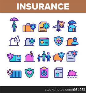 Insurance Collection Elements Vector Icons Set Thin Line. House Insurance From Fire And Lightning, Flood And Burglary Concept Linear Pictograms. Life-assurance Color Contour Illustrations. Insurance Color Elements Vector Icons Set