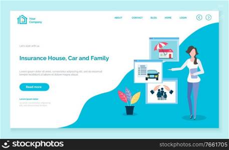 Insurance company agent pointing on house car and family security and safety. Insured property, protection of home and close people. Advisor on website or webpage template, landing page vector. Car House and Family Insurance Company Website