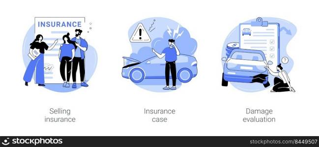 Insurance company isolated cartoon vector illustrations set. Professional agent selling health insurance, claim a compensation for damaged car, specialist makes damage evaluation vector cartoon.. Insurance company isolated cartoon vector illustrations se