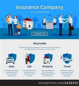 Insurance Company One Page Website. Insurance company one page website with negotiations and icons of auto travel life and property vector illustration