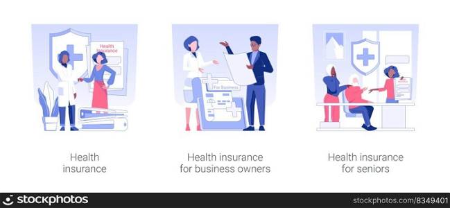 Insurance company service isolated concept vector illustration set. Health insurance, medical protection for business owners, health and life policy for seniors, meeting with doctor vector cartoon.. Insurance company service isolated concept vector illustrations.