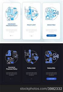 Insurance components night and day mode onboarding mobile app screen. Walkthrough 3 steps graphic instructions pages with linear concepts. UI, UX, GUI template. Myriad Pro-Bold, Regular fonts used. Insurance components night and day mode onboarding mobile app screen