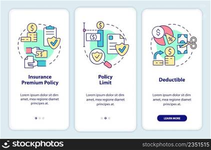 Insurance components onboarding mobile app screen. Financial protection walkthrough 3 steps graphic instructions pages with linear concepts. UI, UX, GUI template. Myriad Pro-Bold, Regular fonts used. Insurance components onboarding mobile app screen