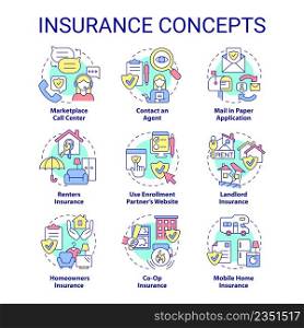Insurance concept icons set. Financial protection policy. Safety service for customers idea thin line color illustrations. Isolated symbols. Editable stroke. Roboto-Medium, Myriad Pro-Bold fonts used. Insurance concept icons set