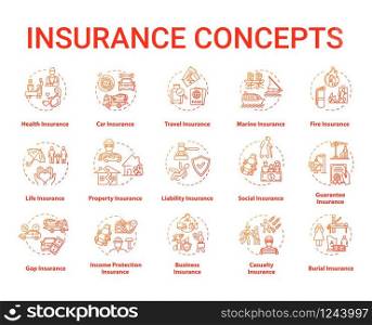 Insurance concept icons set. Protection from financial loss. Life policy plan. Risk management idea thin line RGB color illustrations. Vector isolated outline drawings. Editable stroke